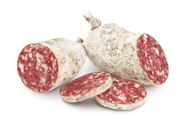 Cured salami sausage isolated on white background. Italian cuisine with full depth of field