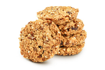 Granola cookie isolated on white background with full depth of field.