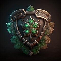 Shield with a green clover. Closeup. Saint Patrick's day.  Generative ai.
