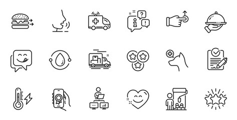 Outline set of Work home, Painter and Rfp line icons for web application. Talk, information, delivery truck outline icon. Include Veterinary clinic, Drag drop, Cold-pressed oil icons. Vector