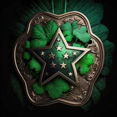 Green star badge with green leafts. Closeup. Saint Patrick's day.  Generative ai.