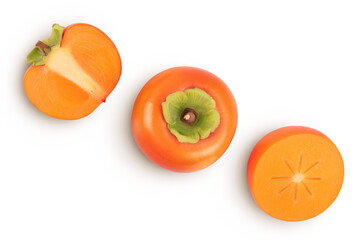 Persimmon fruit isolated on white background with full depth of field. Top view. Flat lay