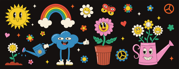 Retro cartoon characters sticker pack. Groovy funky comic daisy flower, cloud, sun in trendy retro cartoon style. Vector elements.