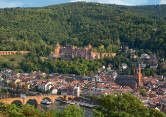 Fototapeta na wymiar Panoramic view of Heidelberg Germany from across the Neckar river.