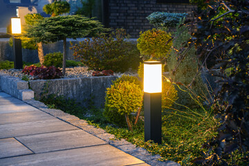 Outdoor Bollard Lamp in Residential Garden - obrazy, fototapety, plakaty
