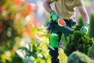 Professional Gardener Trimming the Plant with Power Tool - obrazy, fototapety, plakaty