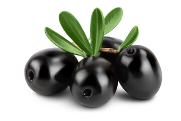 Black olives with leaves isolated on a white background with full depth of field.