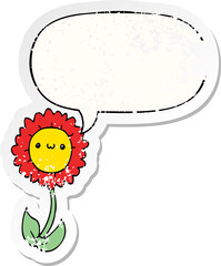 cartoon flower and speech bubble distressed sticker