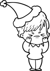 line drawing of a frustrated woman wearing santa hat