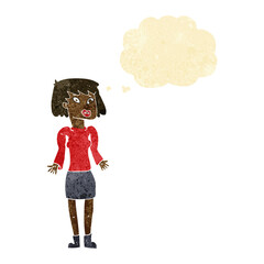 cartoon woman shrugging shoulders with thought bubble