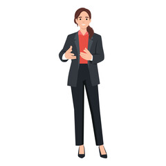 Young woman dressed in business clothes or female office workers talking to viewer. Flat vector illustration isolated on white background