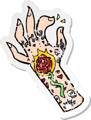 retro distressed sticker of a cartoon tattoo hand