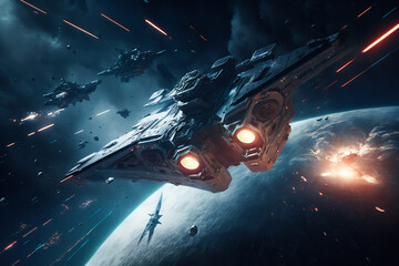 Grand space opera battle scene on planet orbit, ai generative © Jamo Images