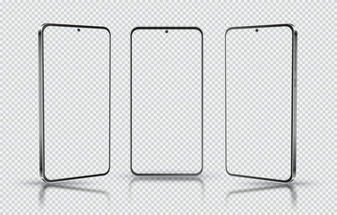 Realistic 3d vector smartphone. Smart phone with empty screen isolated on transparent background. Front, right and left perspective view of mobile phone.