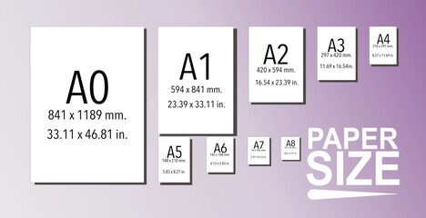 Paper guide sizes vectors a1 a2 a3 a4 a5 a6 a7 a8 a9 a10 for work sheet format graphics designer isolated illustrations  - obrazy, fototapety, plakaty