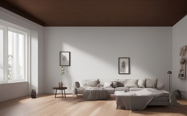 Obraz na płótnie Canvas Modernes Wohnzimmer mit Möbeln, Mock-up-Bilderrahmen-Vorlage
