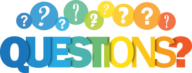 QUESTIONS? colorful typography banner with question marks on transparent background