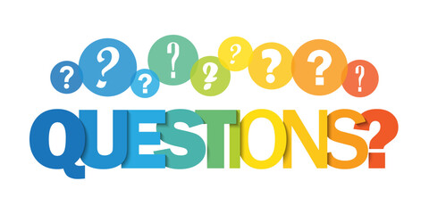 QUESTIONS? colorful vector typography banner with question marks