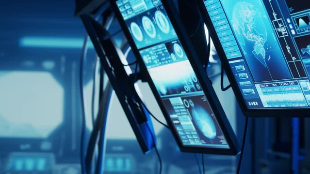 Futuristic spaceship control panel interface. Spacecraft digital dashboard background with indicators and tools. The concept of space exploration and science.