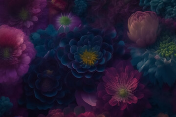 Dark vintage background with blue and purple flowers. Generative AI.