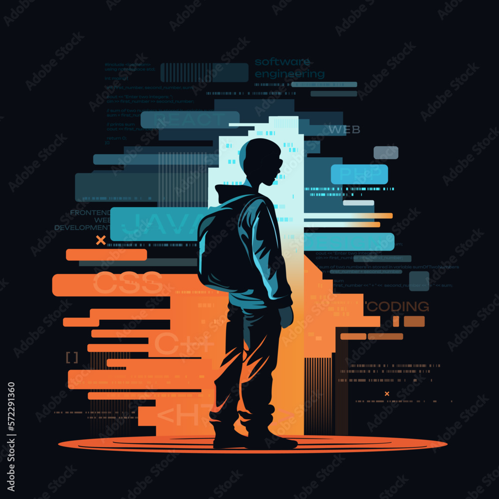 Wall mural a teenager studying programming languages course banner advertisement flat vector cartoon character,