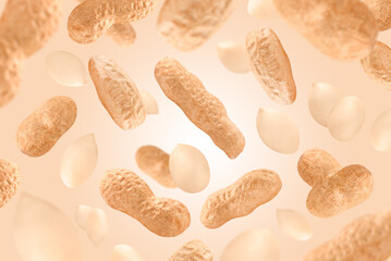 Levitation of peanuts on brown background.