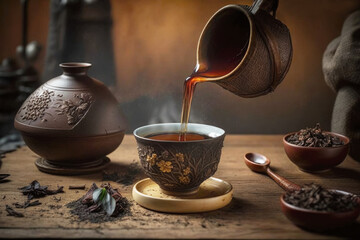Obraz na płótnie Canvas Healthy fermented puerh herbal tea chinese ceremony. AI generative