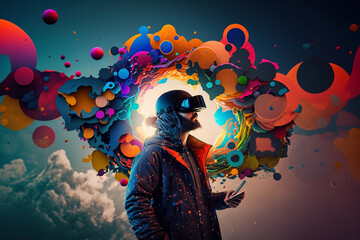 Obraz premium Young man using virtual reality headset. VR glasses, futuristic, technology, online education, education, video game concept. Generative AI.