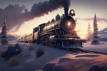 Steam train driving through the snow, the polar express, scenic landscape. Generative AI.