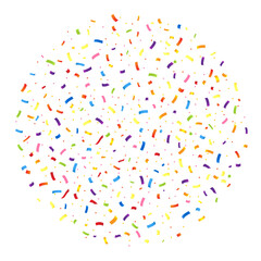 Colorful confetti and ribbon falling on transparent background. Vector illustration.