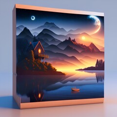 Night fantasy landscape with abstract mountains and island on the water, wooden house on the shore, church, moonlight, fog, night lamp - generative ai