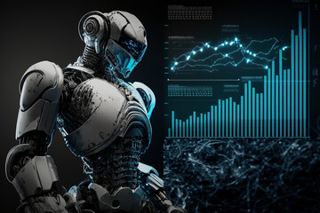 Future business 3d technology robot and stock chart traders, stock chart analysis to beat the market. Generative AI.
