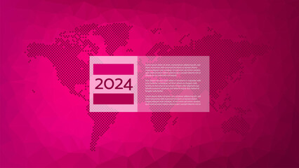 2024 year infographic with World Map. Magenta gradient triangle pattern. Polygonal vector background for web design, business, finance, landing page, template, sample, global presentation