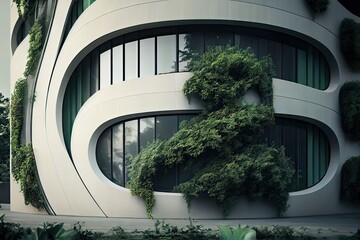 Contemporary unique building exterior with a vertical garden on the facade, generative AI