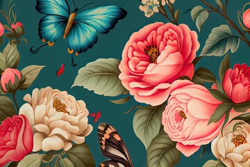 Elegant floral pattern with flowers and butterflies, generative AI