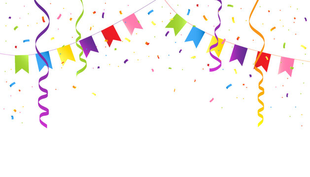 Colorful Party Flags With Confetti And Ribbons Falling On White Background. Celebration Event & Happy Birthday. Vector illustration