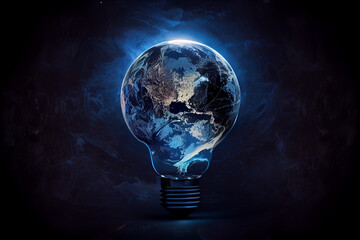 Abstract blue light bulb with planet Earth inside created with Generative Ai