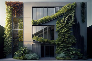 Contemporary unique building exterior with a vertical garden on the facade, generative AI