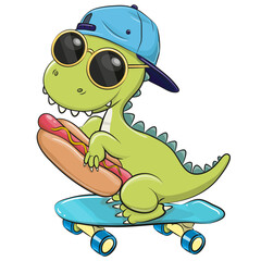 Cartoon Cute Dino with a cap on the skateboard