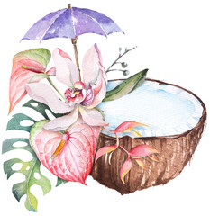Coconut cocktail with flower orchid, palm leaves Tropical beach party.Perfect for the summer.Coconut aloha painted with watercolor.