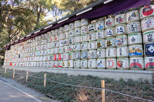 Harajyuku, Tokyo, Japan - Feb 1, 2023: Sake barrels at Meiji-jingu shrine