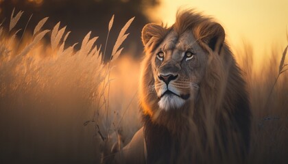Fotografía profesional león en la sabana al atardecer, León macho adulto muy detallada, creado con IA generativa - obrazy, fototapety, plakaty
