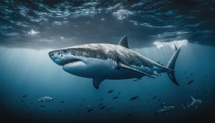 Fotografía profesional tiburón blanco en el océano azul, creado con IA generativa