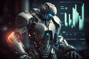 Naklejka premium Future business 3d technology robot and stock chart traders, stock chart analysis to beat the market. Generative AI.