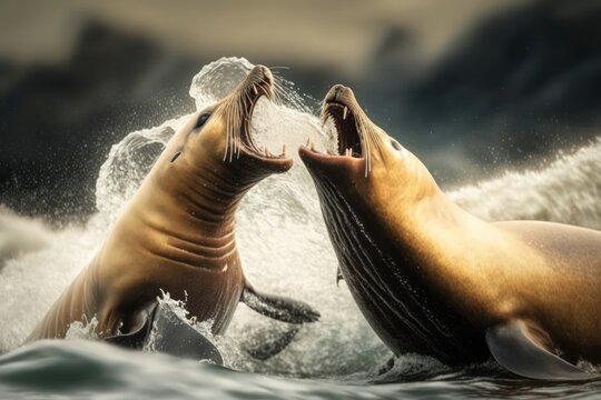 Fotograf&iacute;a profesional leones marinos peleando en la orilla del mar, fotograf&iacute;a editorial, creado con IA generativa