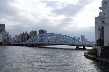 Fototapeta na wymiar 隅田川に架かる国の重要文化財【永代橋（えいたい橋）】の遠景