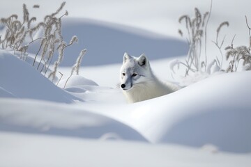 Obraz na płótnie Canvas Adorable zorro ártico, zorro de las nieves, zorro blanco en la nieve, creado con IA generativa