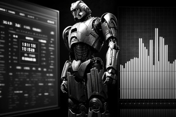 Naklejka premium Future business 3d technology robot and stock chart traders, stock chart analysis to beat the market. Generative AI.