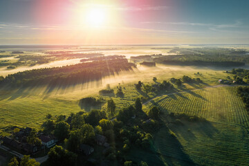 Summer sunrise over green fields with light fog and forests in Belarus