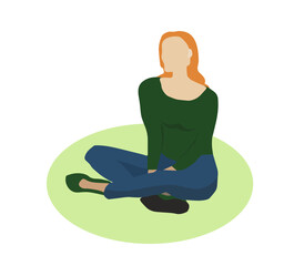 Red-haired girl sitting and typing on a laptop. Vector illustration